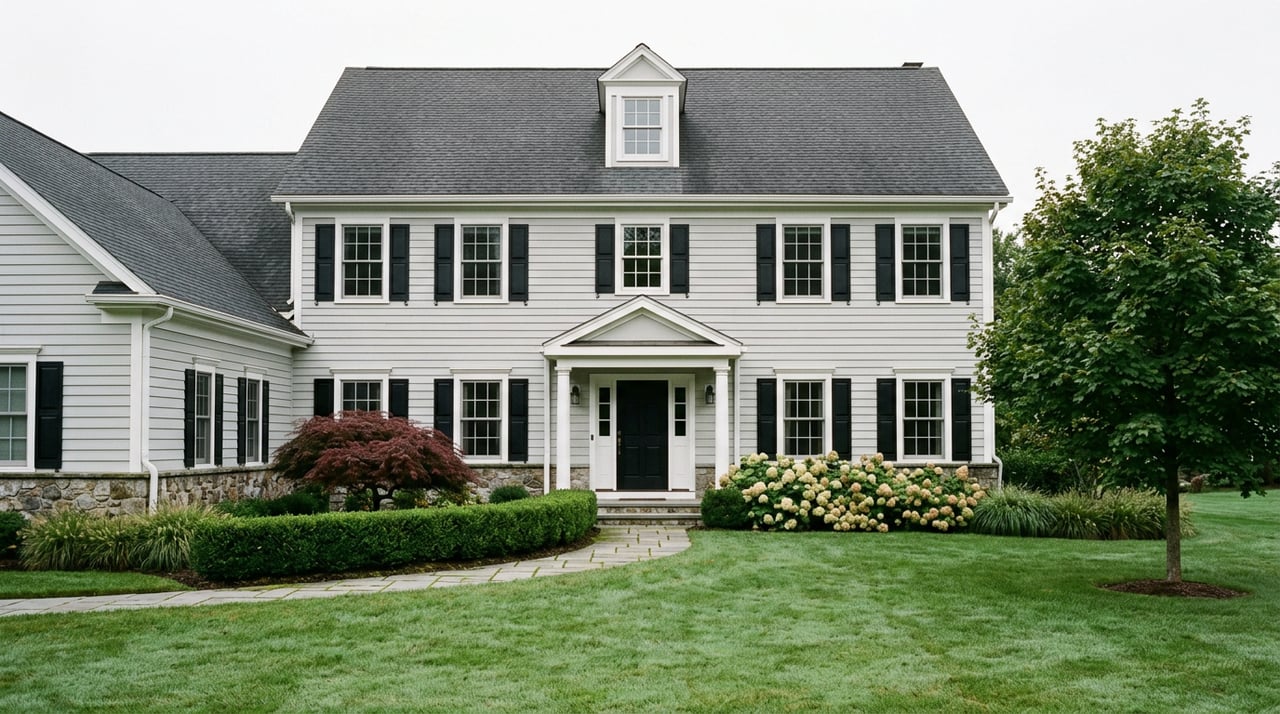 Pale gray Colonial house with a pedimented entry, dark shutters, curved bluestone walkway, and mature maples.