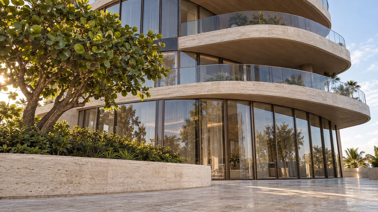 Curved glazed tower with staggered terraces and a wind-shaped sea grape tree in a raised stone planter.