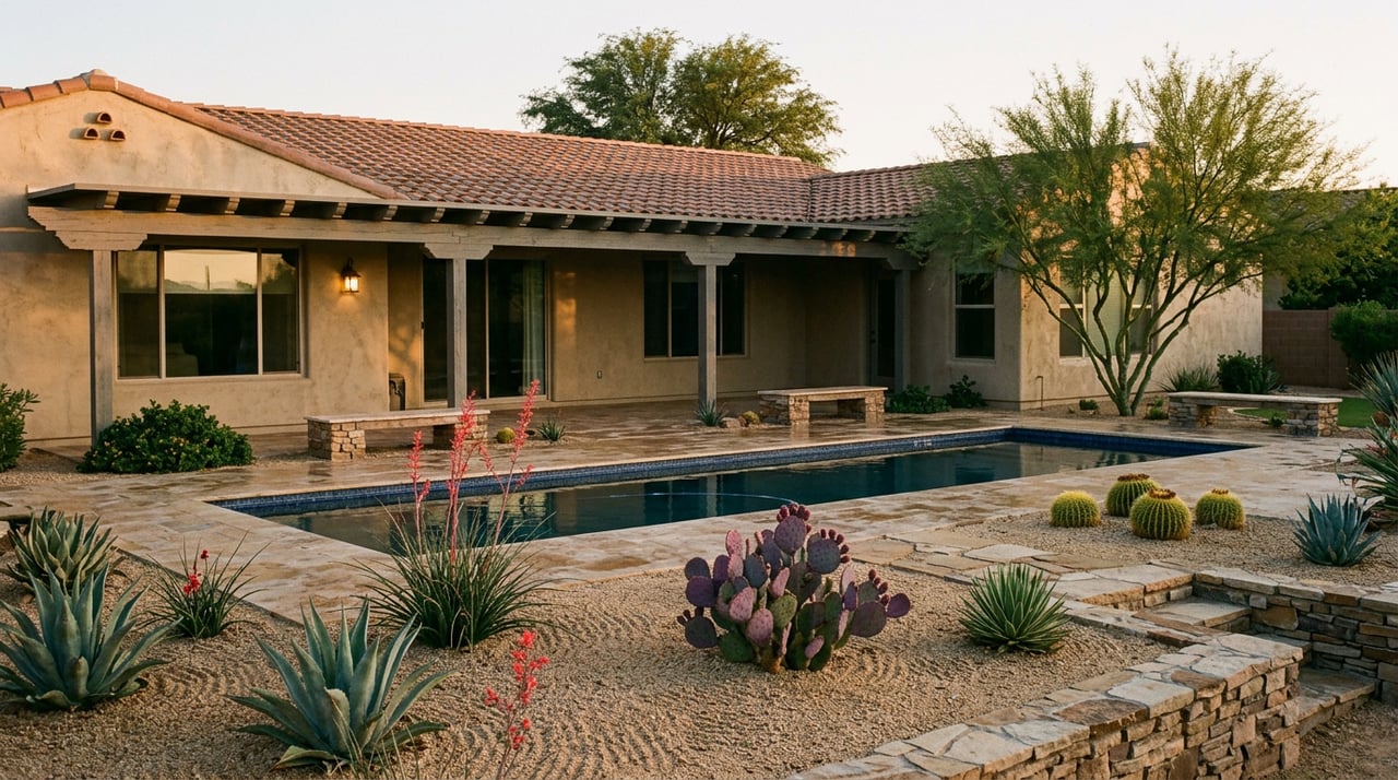 Desert home’s stucco rear elevation above a pool patio, with palo verde, barrel cacti, and golden-hour shadows.