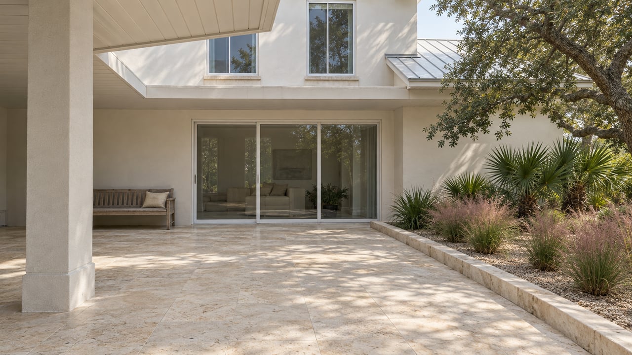 Cream two-story home with a shaded terrace, limestone courtyard, silvered teak bench and sculptural oak beside native planting.