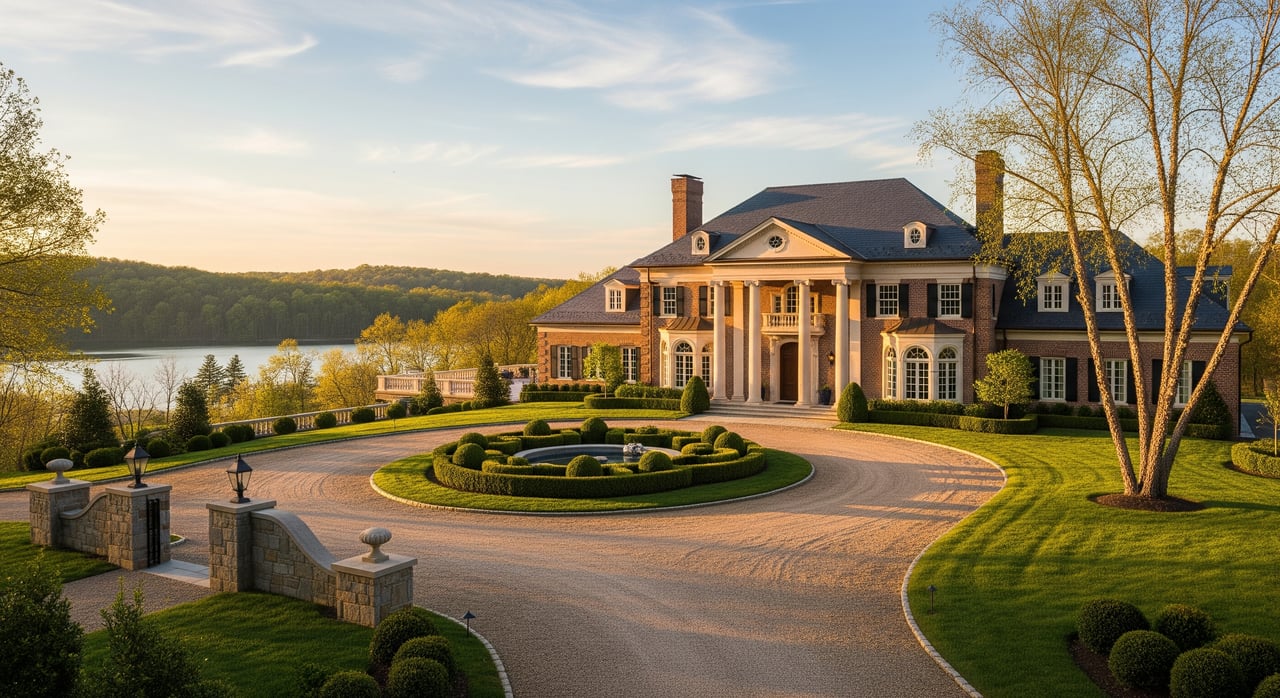 Large brick mansion with a columned entrance, circular garden, curved driveway, and lake beyond.