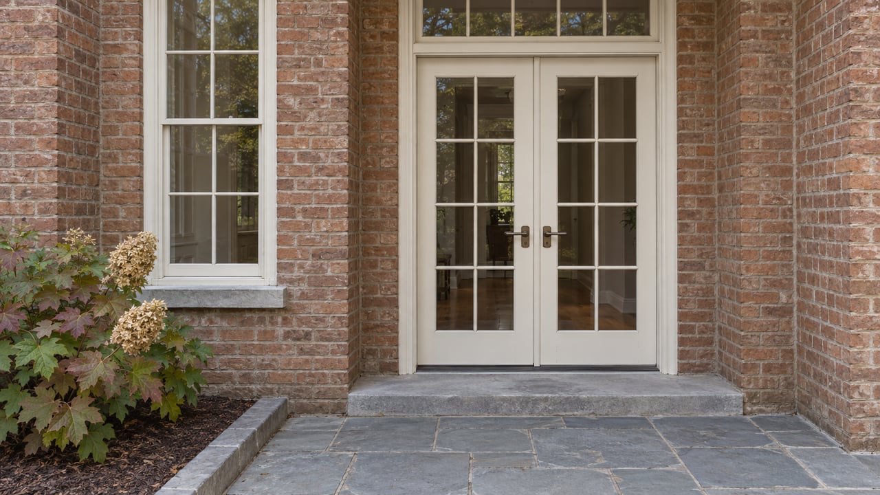 Russet-brick attached-home entrance with ivory divided-light French doors, a limestone step, blue-gray flagstones and an oakleaf hydrangea.