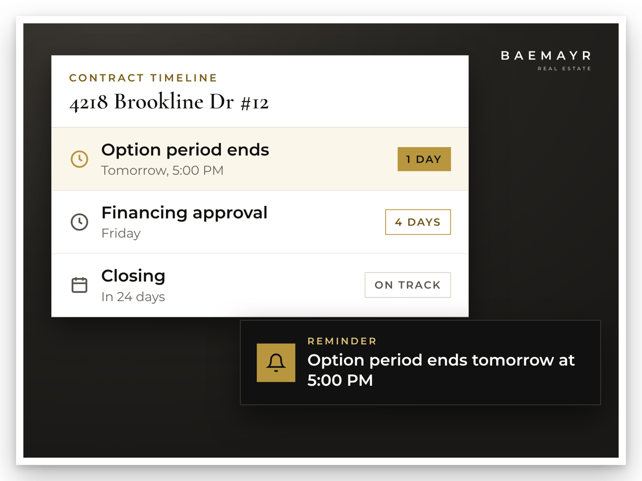 Contract timeline mockup showing option period, financing and closing dates with a deadline reminder