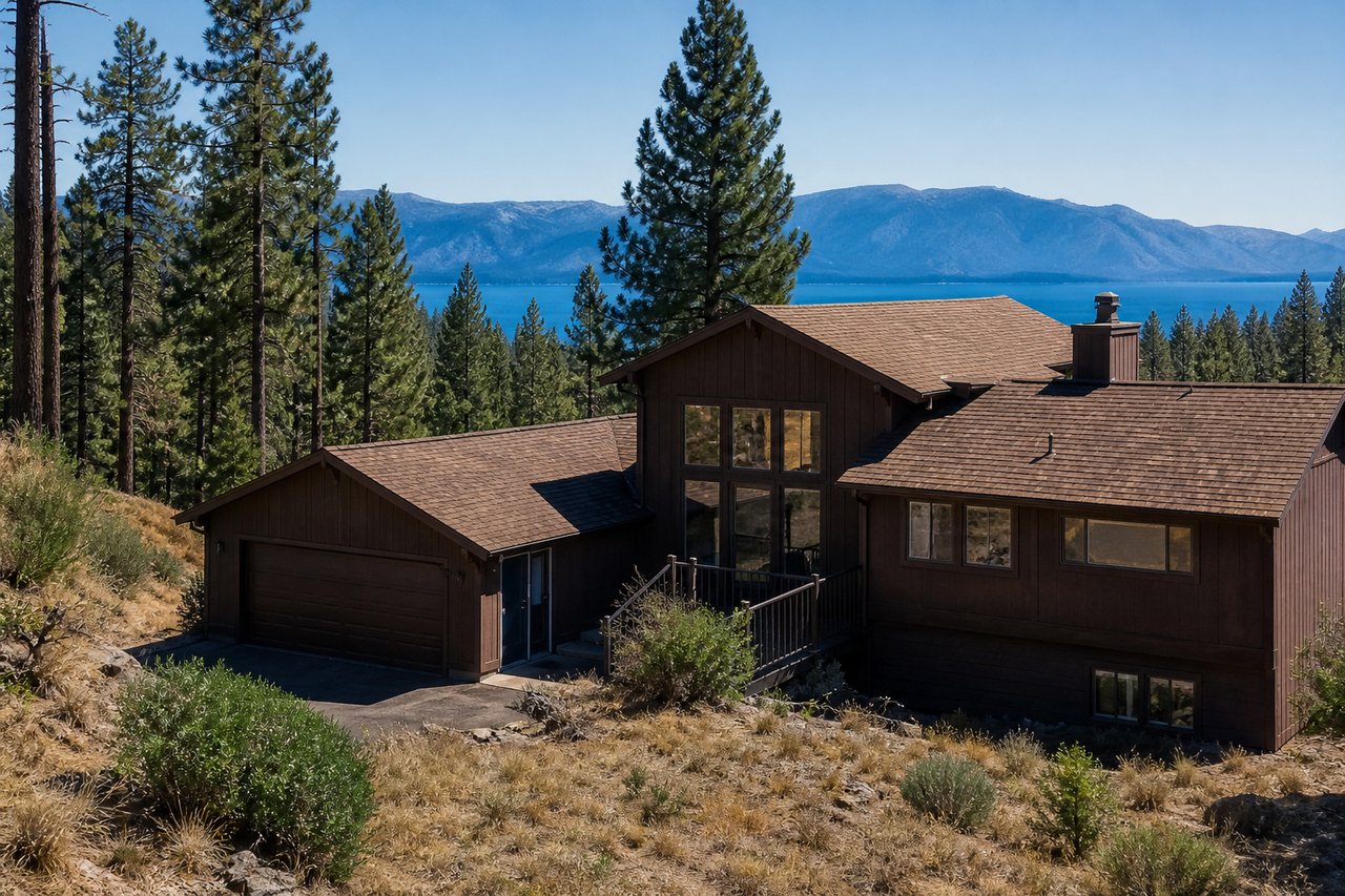 Dark wood home with an attached garage overlooking Lake Tahoe and distant mountains.