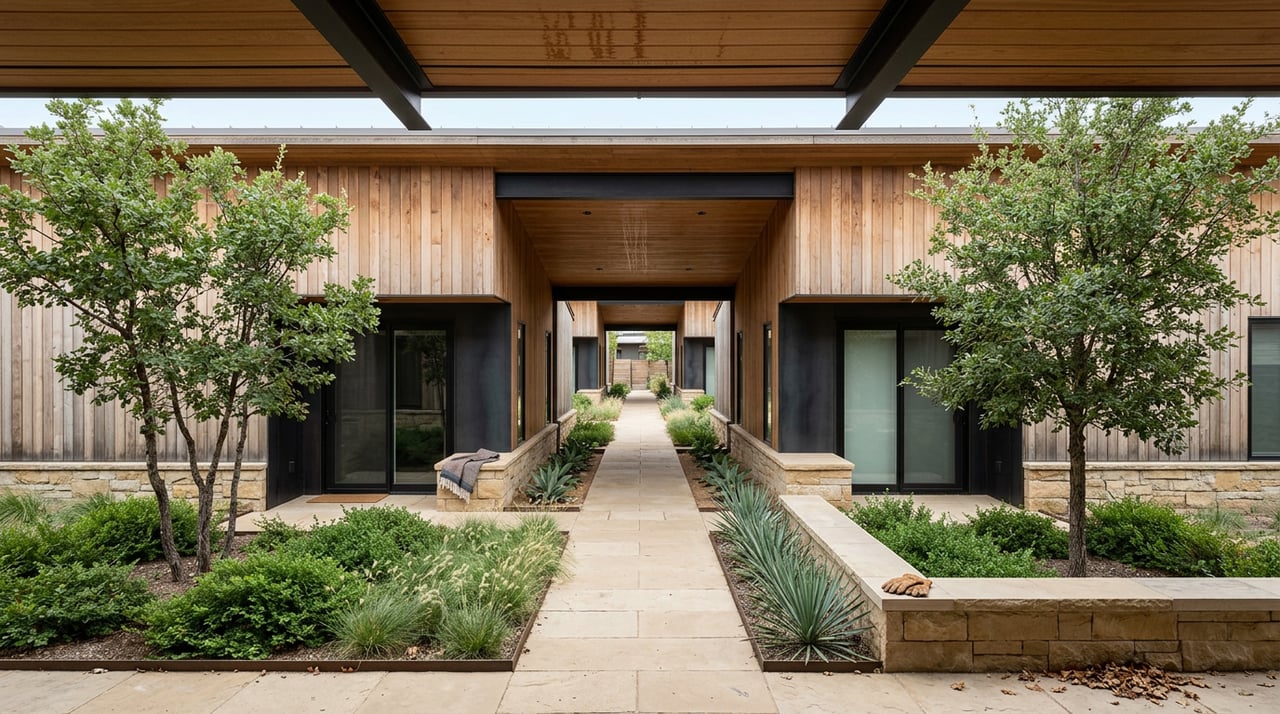 Shared sandstone courtyard between cedar-clad townhomes, with oak trees and a covered breezeway.