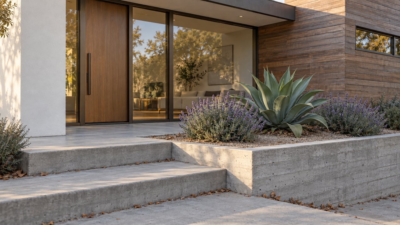 Stepped concrete entry terrace with an agave and low salvia beside bronze-framed house glazing.