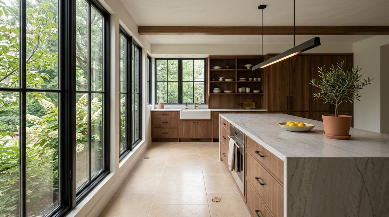 A walnut-cabinet kitchen with a long quartzite island, lemons in a bowl, and leafy branches visible through black-framed windows.