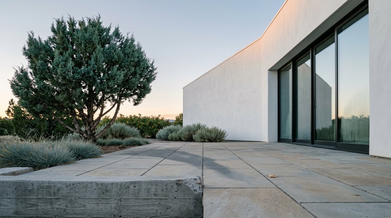 White stucco home and glass door above a bluestone terrace, with a sculpted juniper against dawn’s blue-gray sky.