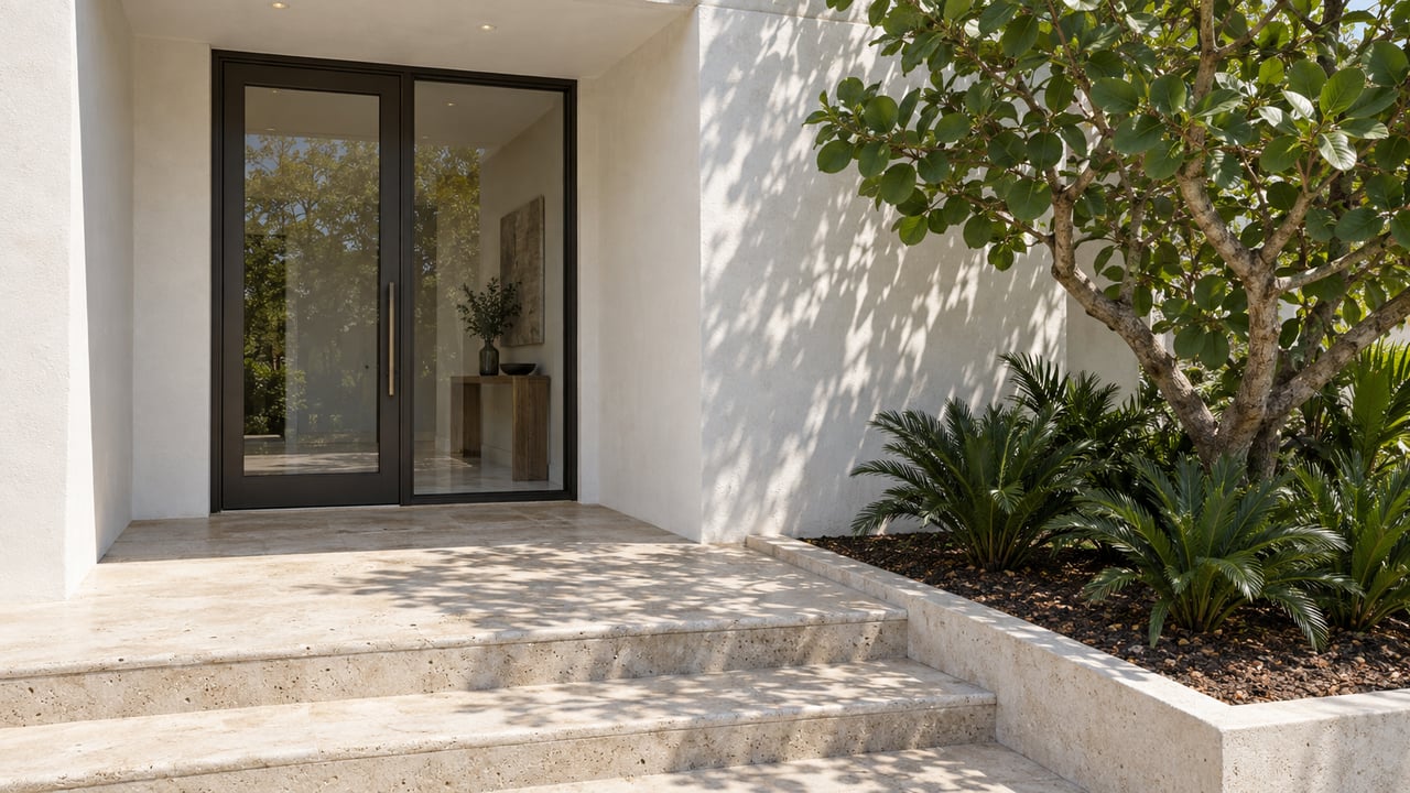 Modern home entrance with a dark-framed glass door, stone steps, and tropical landscaping.