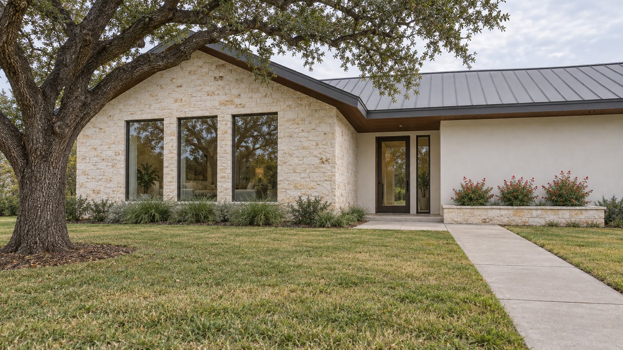 Pale limestone and ivory stucco home with bronze-framed windows, a deep front lawn, a mature live oak and a concrete entry walk.