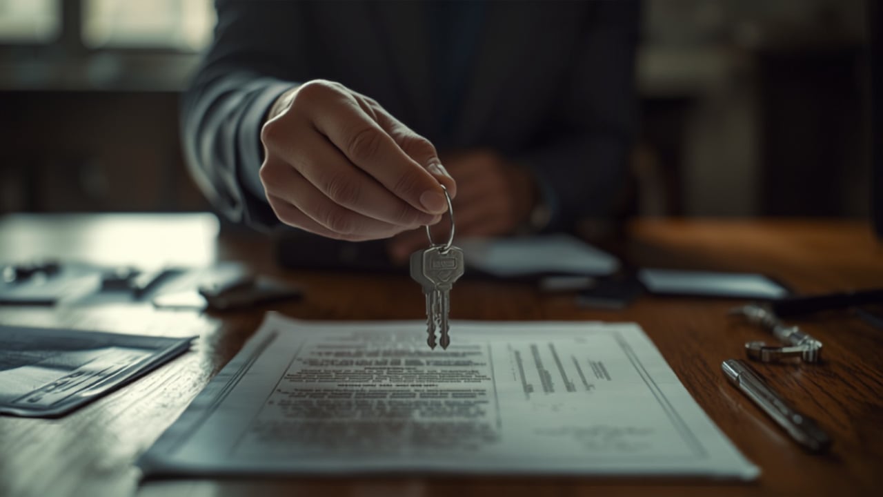 A hand holds house keys above real estate paperwork on a wooden desk.