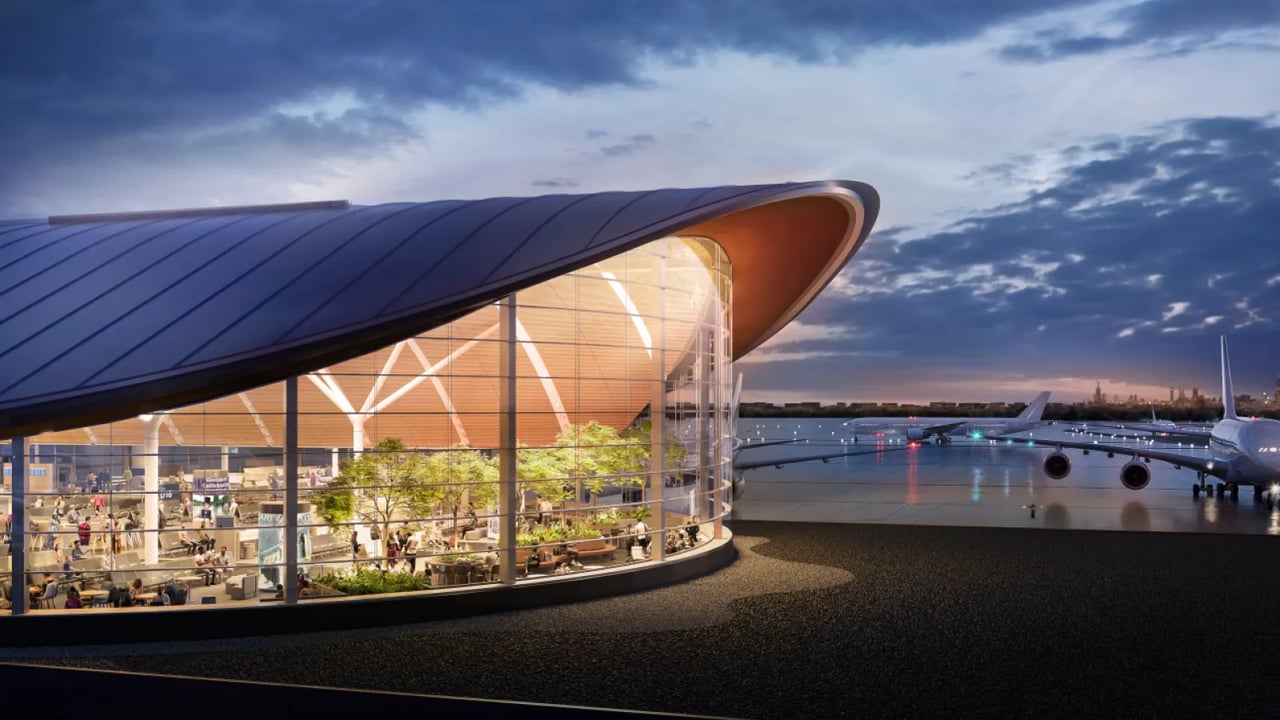 Rendering of O’Hare Airport’s upcoming Concourse D expansion with modern gates and glass design, part of the $1.3 billion redevelopment project in Chicago