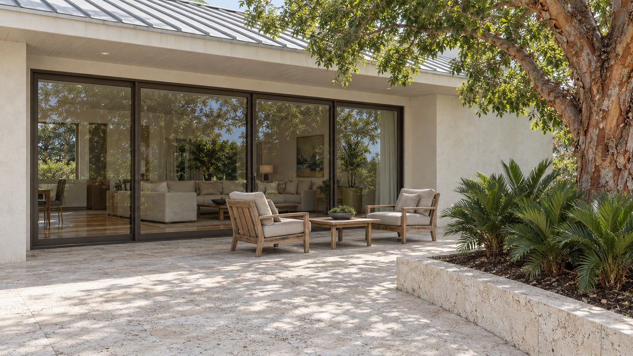 Covered shell-stone terrace with weathered teak chairs, bronze-framed glass doors and a copper-barked specimen tree.
