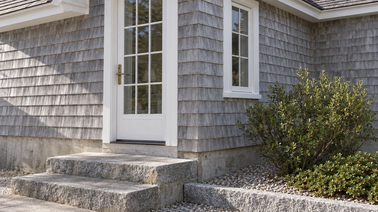 Cottage entry with weathered gray shingles, a divided-light glass door, granite steps, and raised concrete foundation.