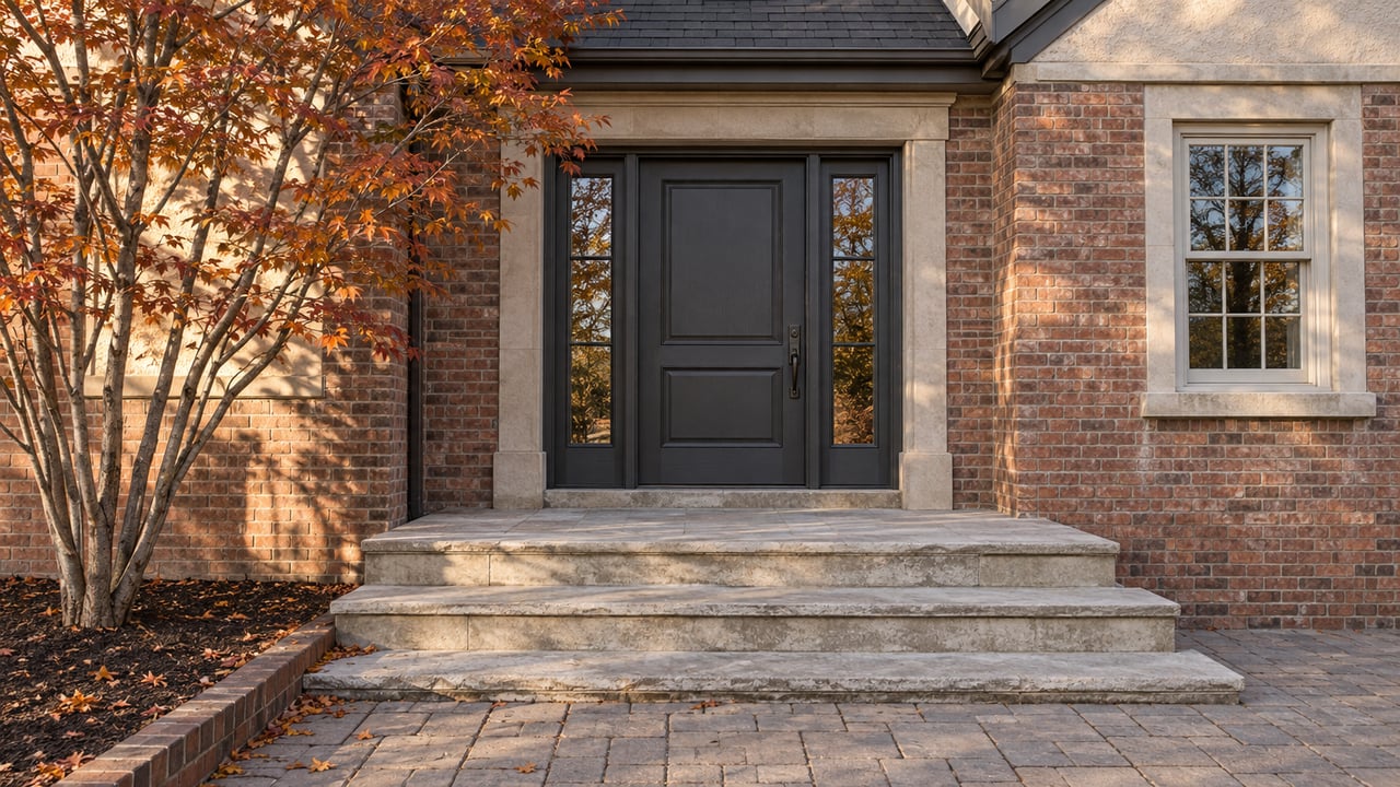 Brick house entrance with a charcoal door, matching sidelights, limestone steps, and a copper-leaved serviceberry tree.