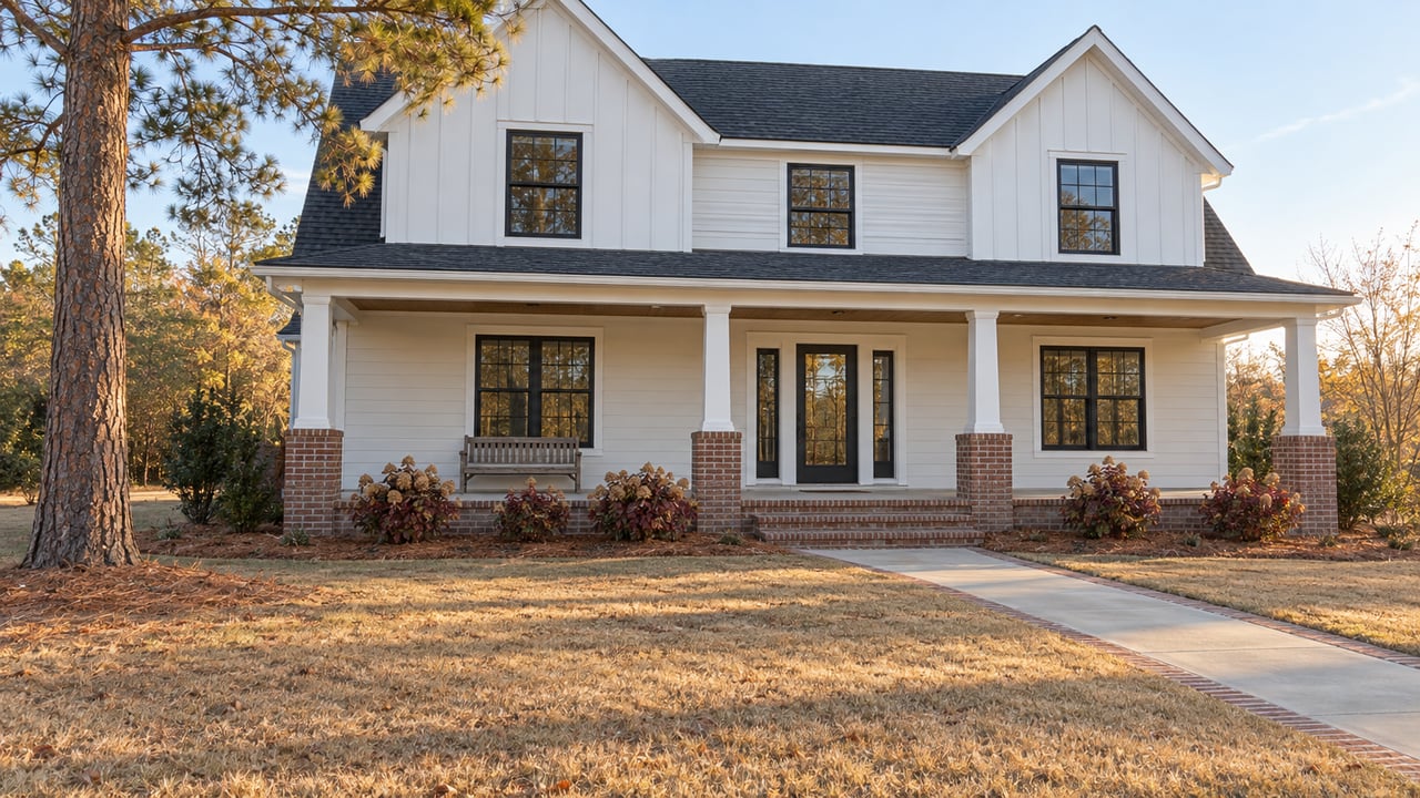 White gabled house with a brick-based front porch, broad tawny lawn, and a mature longleaf pine in afternoon light.