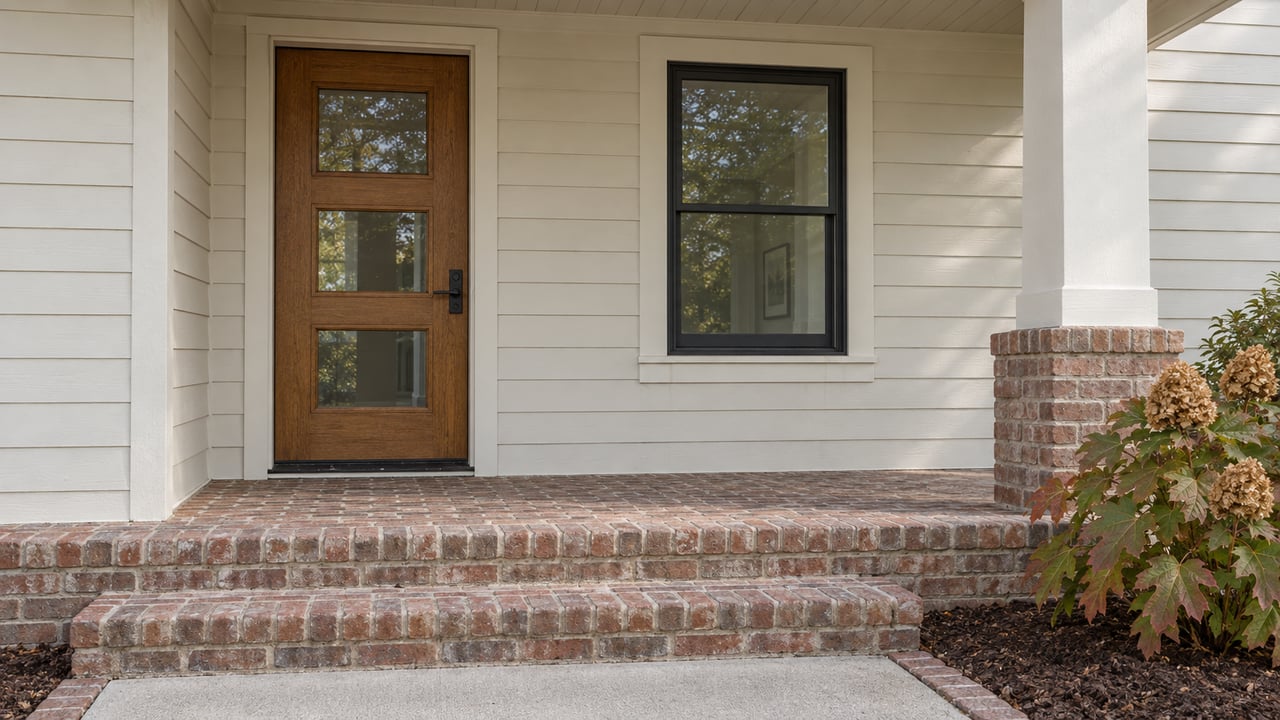 A cream-sided home's oak front door and black-framed window above weathered brick porch steps, with an oakleaf hydrangea beside the approach.