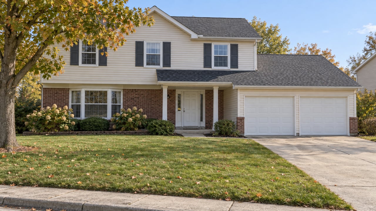 Cream-sided two-story home with brick accents, a two-car garage and a deep lawn beneath an amber-leaved maple.
