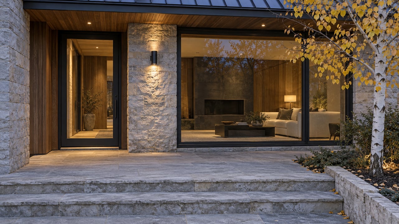 Modern stone home with broad windows, a warmly lit living room, and autumn leaves at dusk.