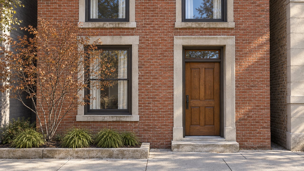 Brick townhouse entrance with an oak door, limestone step, raised planting bed, and sparse copper-leaved tree.