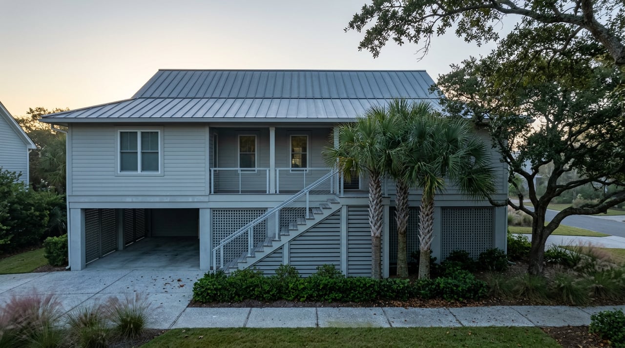 Elevated coastal home with a gray metal roof, raised foundation, descending staircase, and live oak canopy.