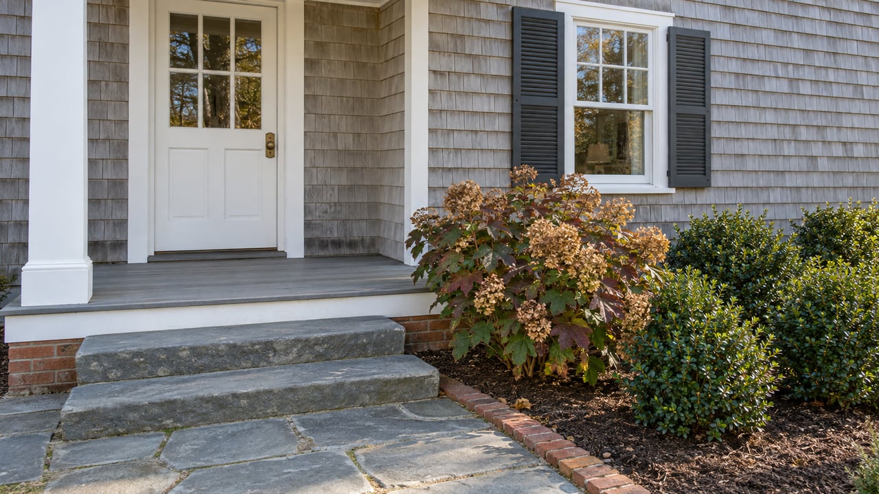 Weathered cedar cottage entrance with white trim, bluestone steps and burgundy autumn hydrangea beside a brick-edged path.