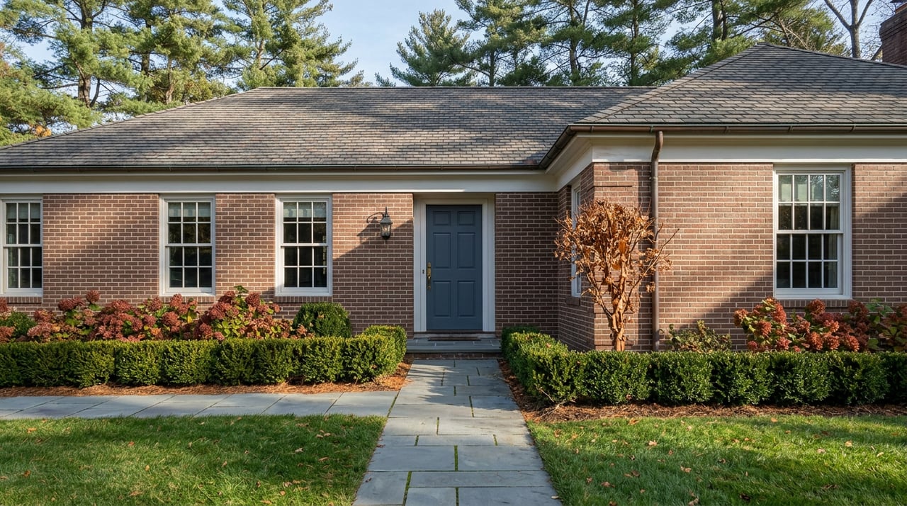 Brick home with a slate-blue front door, bluestone walkway, boxwood hedge, and mature trees behind the roof.