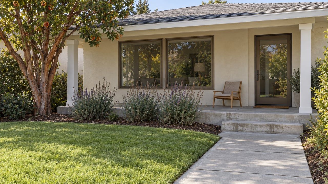 Cream stucco cottage with a shaded concrete porch, bronze-framed windows, a small lawn and a sculptural strawberry tree.