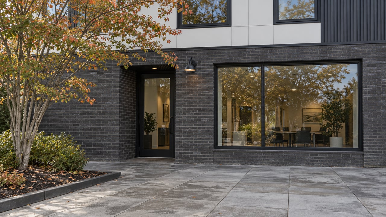 Two-story mixed-use building with dark brick storefront, white upper panels, and a tree in the paved forecourt.