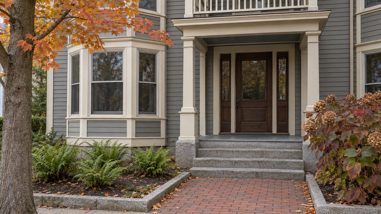 Gray clapboard home with cream-trimmed bay windows, granite entry steps and a small garden of autumn maple leaves and oakleaf hydrangea.