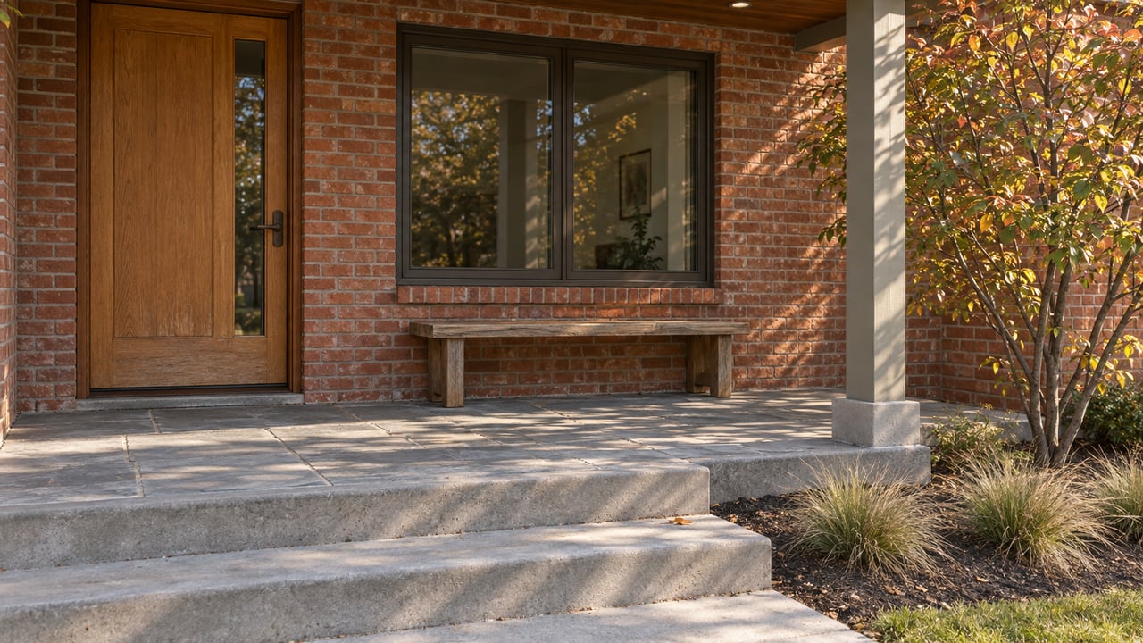 Sunlit brick home entrance with an oak door, sandstone porch, wooden bench and copper-colored serviceberry leaves.