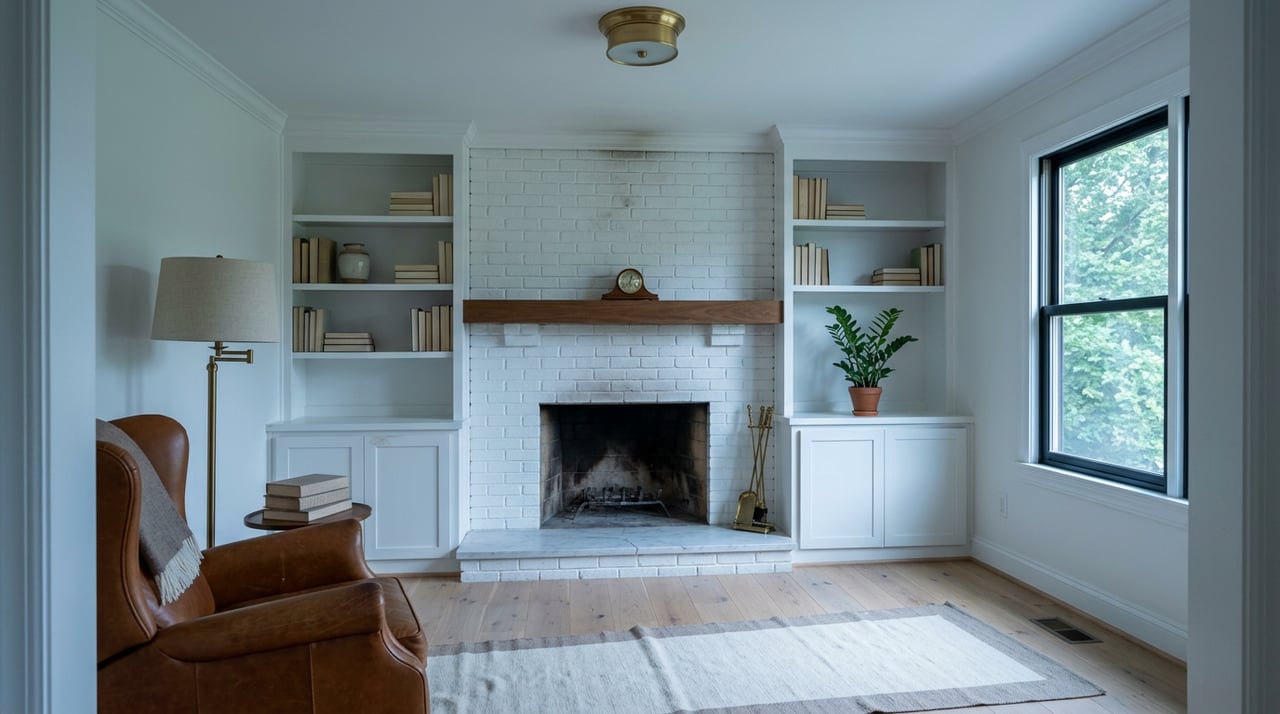 Home library with a white brick fireplace, white built-in bookcases, and a cognac leather chair beside a leafy window.