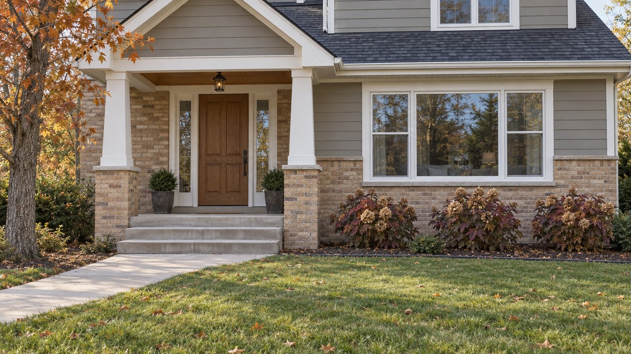 Gabled brick-and-lap-sided home entrance with oak door, white porch columns, autumn hydrangeas and a concrete walk across the lawn.