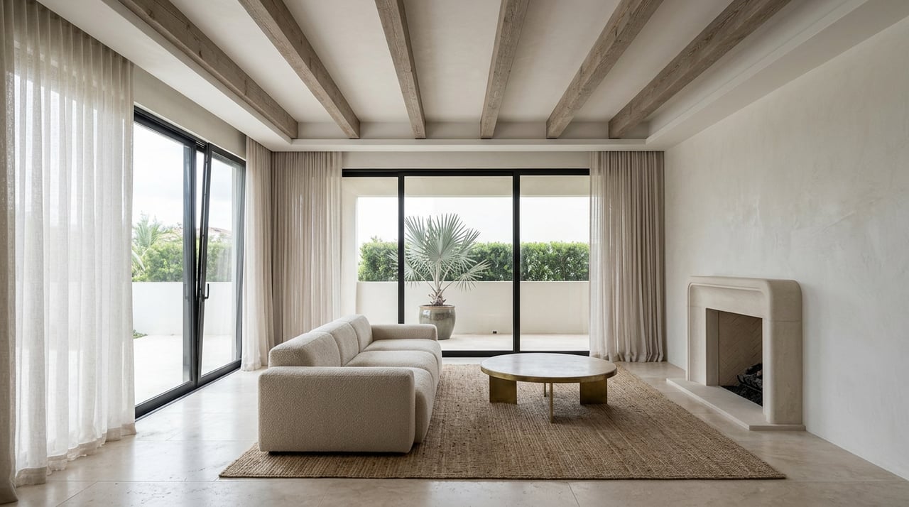 Great room with an oatmeal sofa, brass-and-travertine table, reclaimed beams, and silver-blue palm beyond glass.