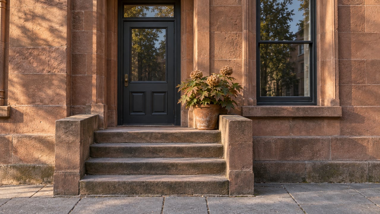Sandstone townhouse entrance with a dark glazed door, tall sash window, weathered stone steps and one terracotta hydrangea pot.
