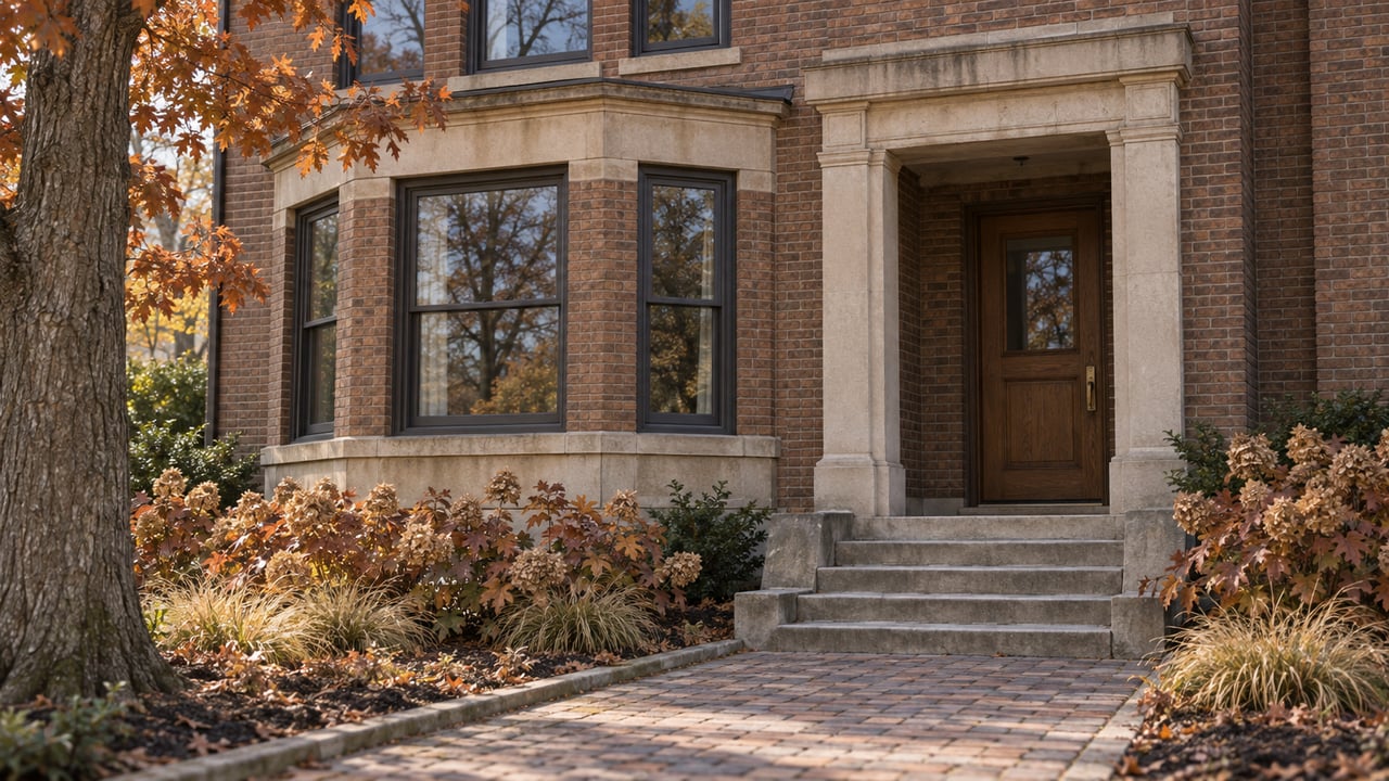 Late-autumn morning light on a russet-brick home, limestone steps, dark-framed bay windows and an oak entrance beside copper-leaved planting.