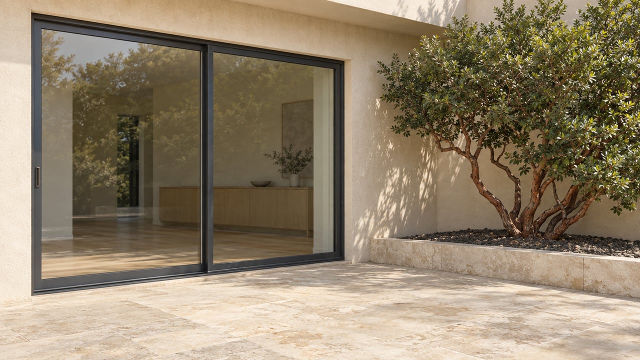 Cream plaster home with closed charcoal-framed sliding glass doors, limestone patio and a sculptural manzanita in a raised stone planting bed.