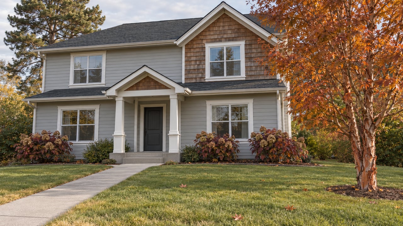 A gray two-story home with cedar-shingle accents, a small covered porch and a deep front lawn beside a copper-leaved paperbark maple.
