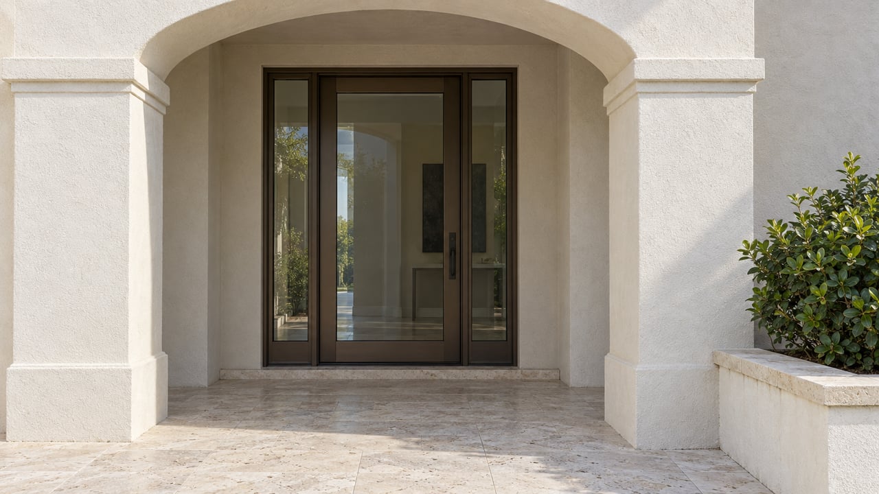 White stucco arched entry with closed bronze-framed glass doors, shell-limestone paving and a clipped cocoplum shrub in a raised planter.