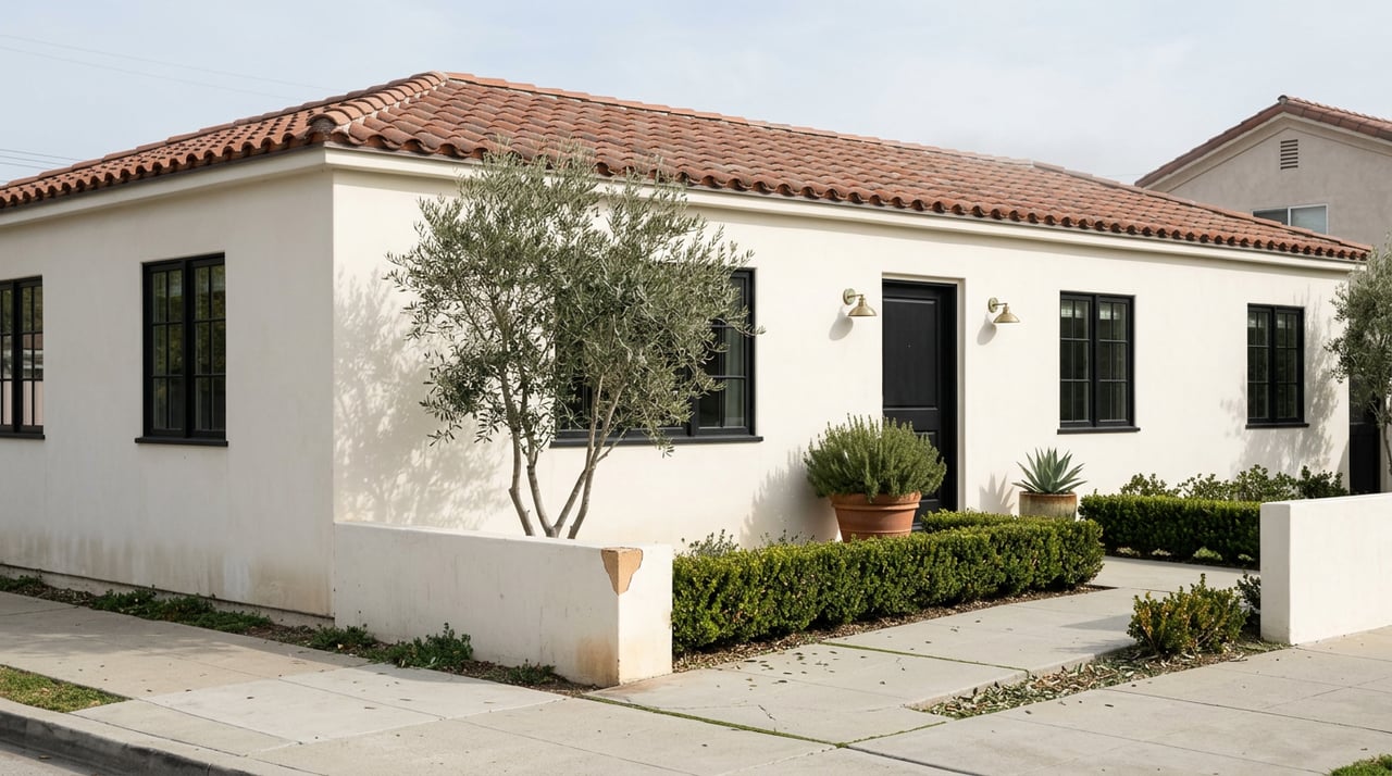 Updated stucco home with black-framed windows, clay tile roof, boxwood-lined walkway, olive tree, and low garden wall.