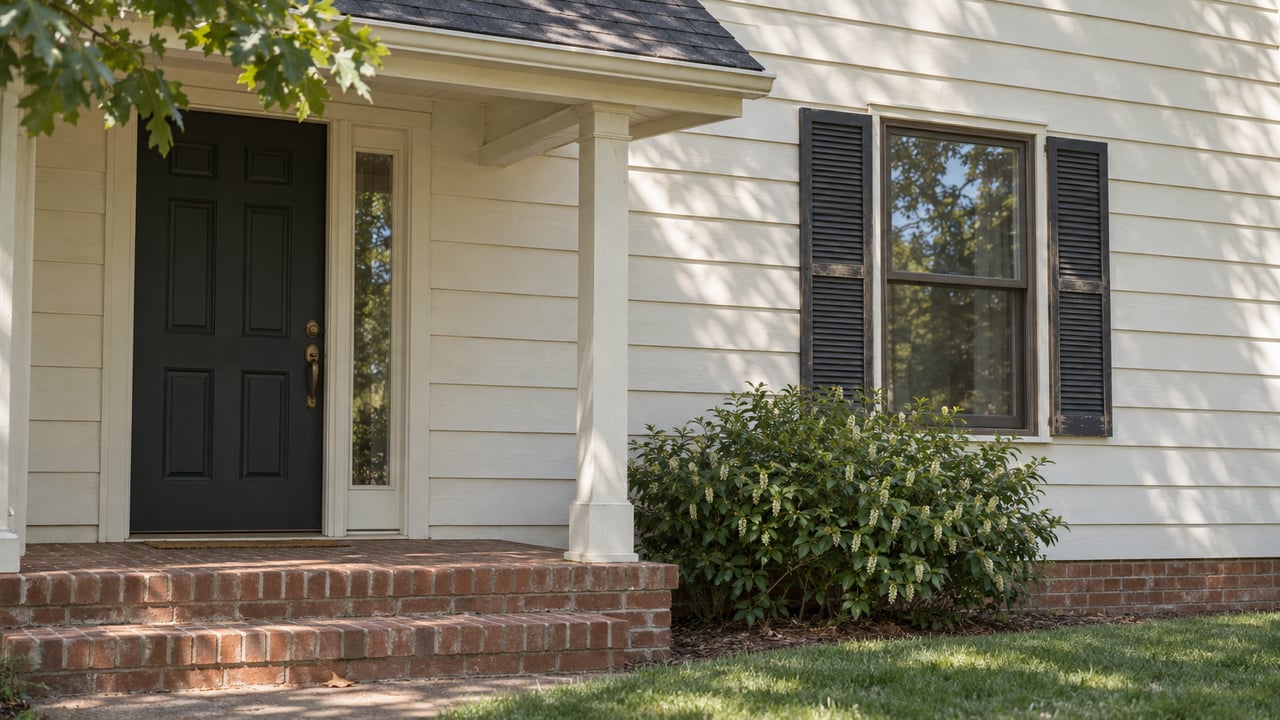 Off-white house facade with a dark front door, shuttered window, brick steps, and an oak canopy.