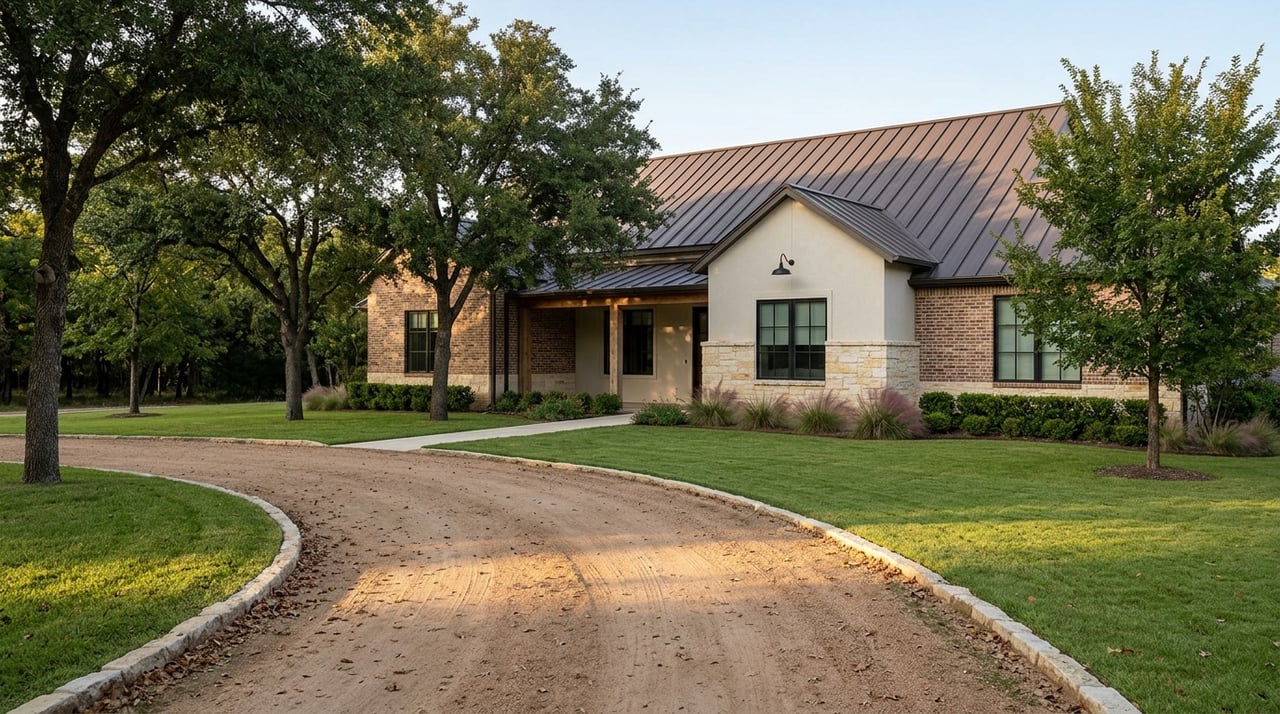 A limestone-and-brick home beyond a live oak-lined approach drive in late-afternoon light.