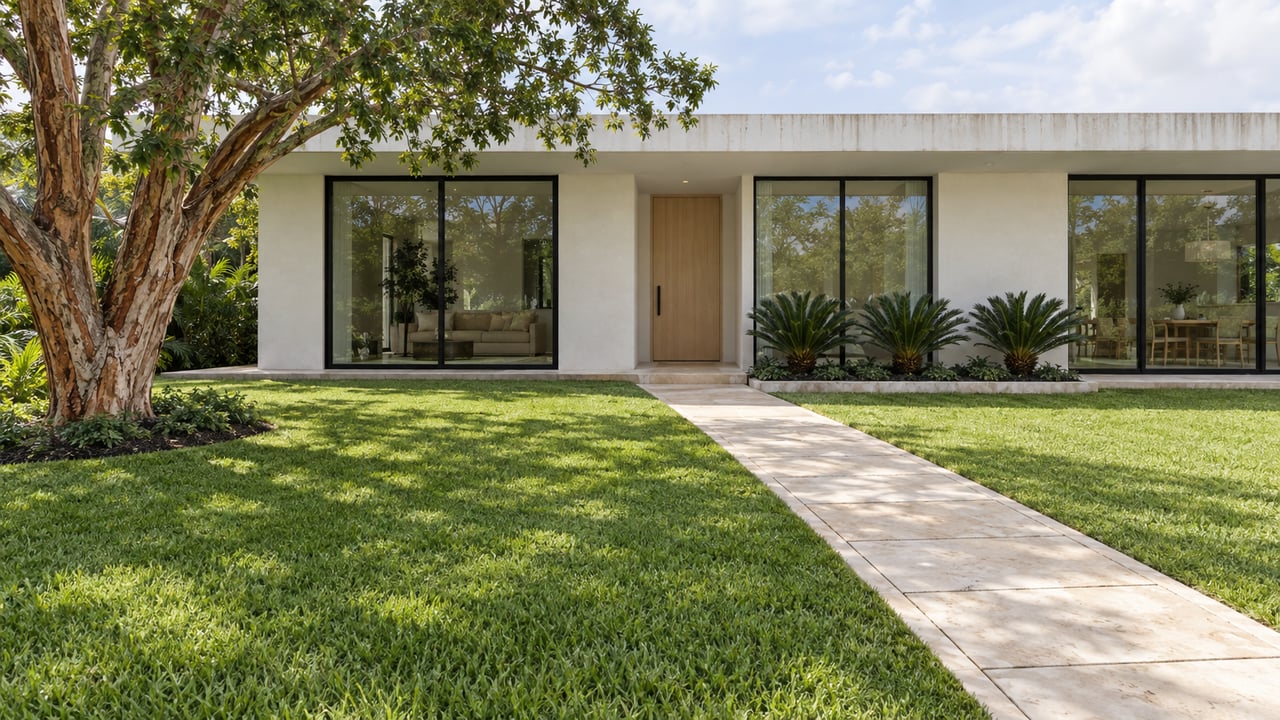 Contemporary white single-story home with black-framed glass, a limestone entry walk, broad lawn, and a sculptural copper-barked tree.