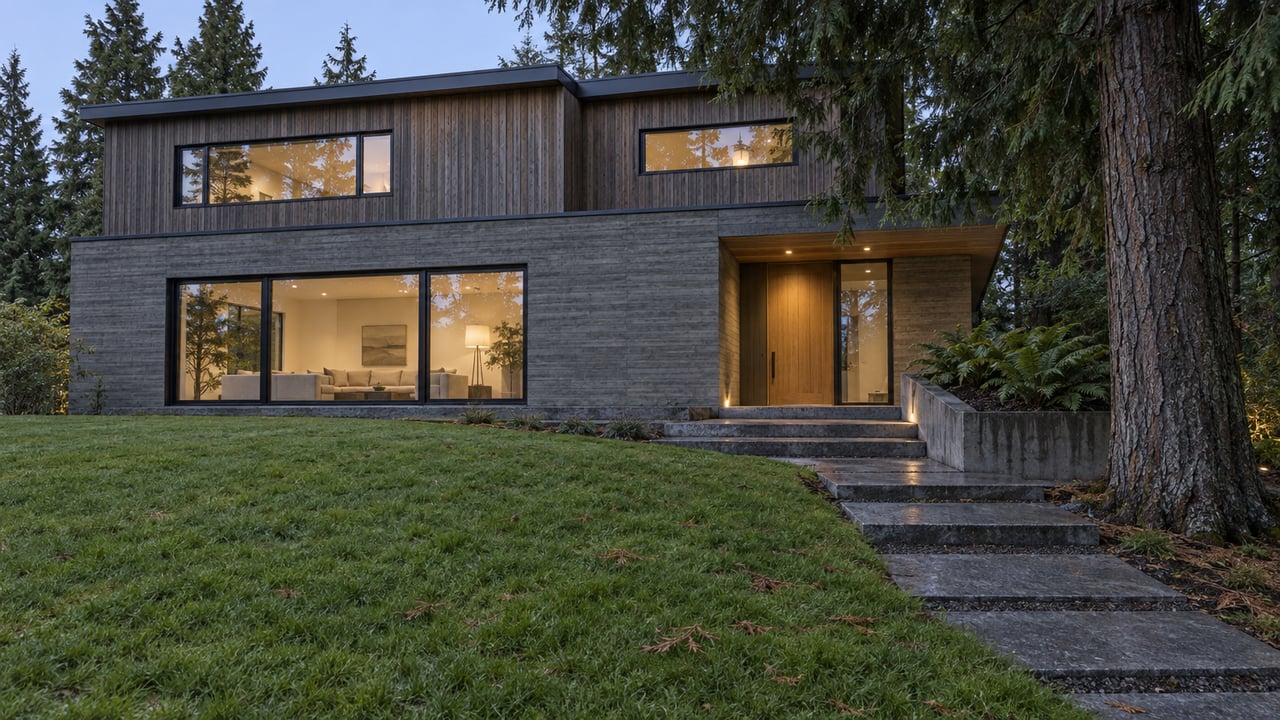 Contemporary cedar and concrete home behind a deep lawn, with warm windows, granite entry steps and mature conifers at dusk.