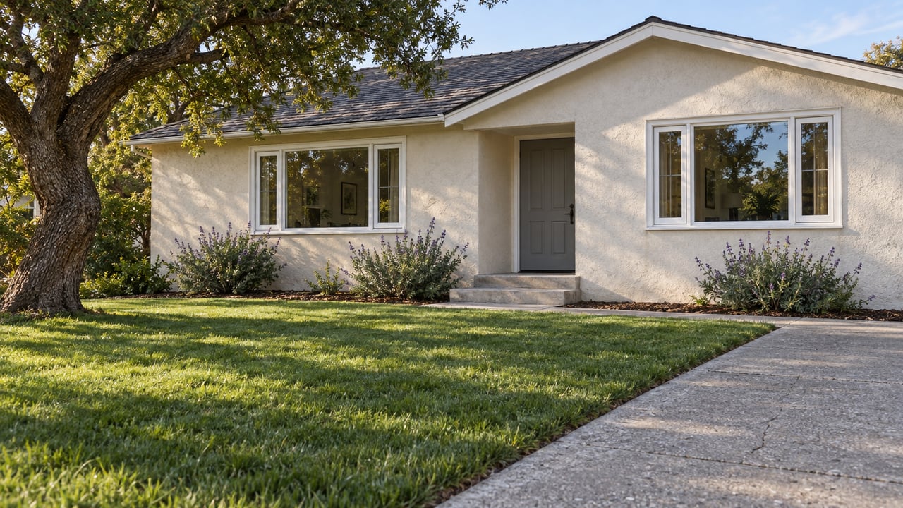 Low-gabled stucco home with paired windows, a recessed entry and a deep lawn beneath a mature oak.