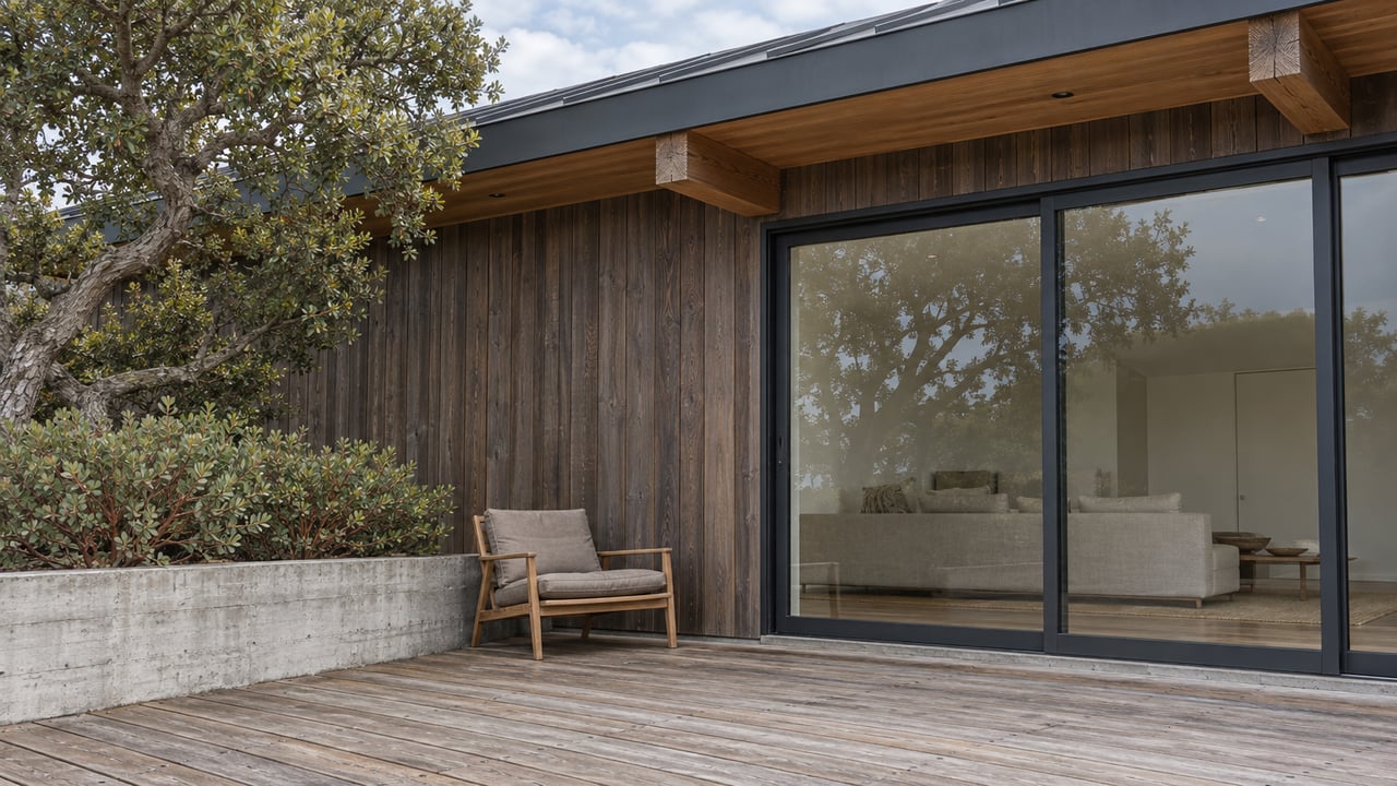 Weathered timber terrace beside a cedar-clad home with broad glass doors, exposed roof beams and a concrete planter holding sculptural native plants.