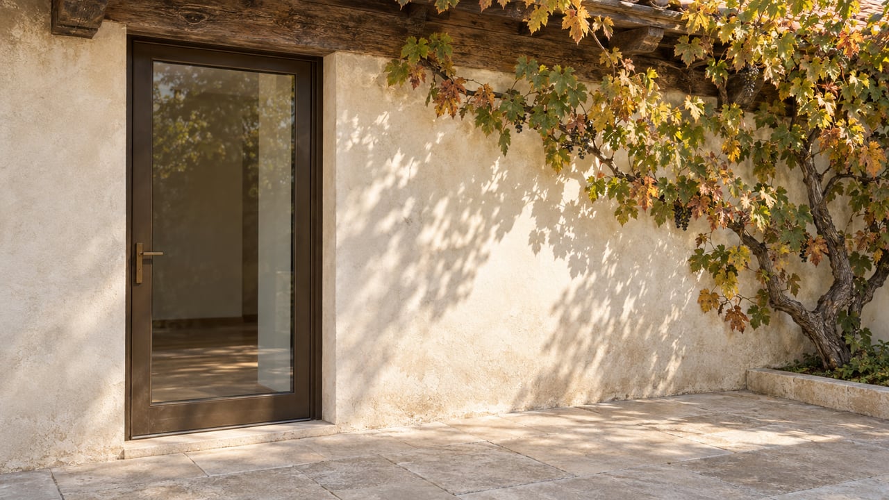 A bronze-framed glass door beside a plaster courtyard wall, shaded by a vine with copper and golden leaves.