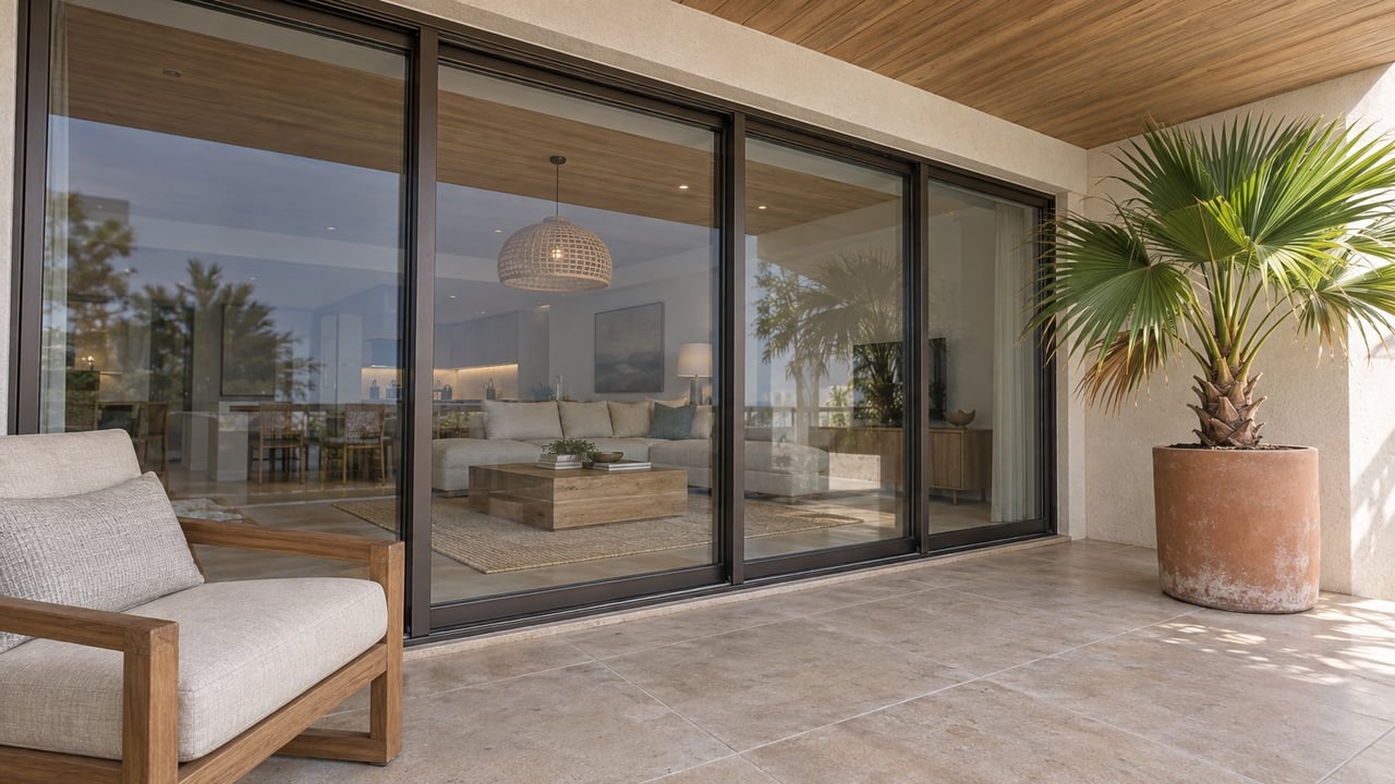 Covered private lanai with a teak ceiling, pale tile floor, one fan palm and closed bronze-framed glass doors opening visually onto a softly furnished living room.