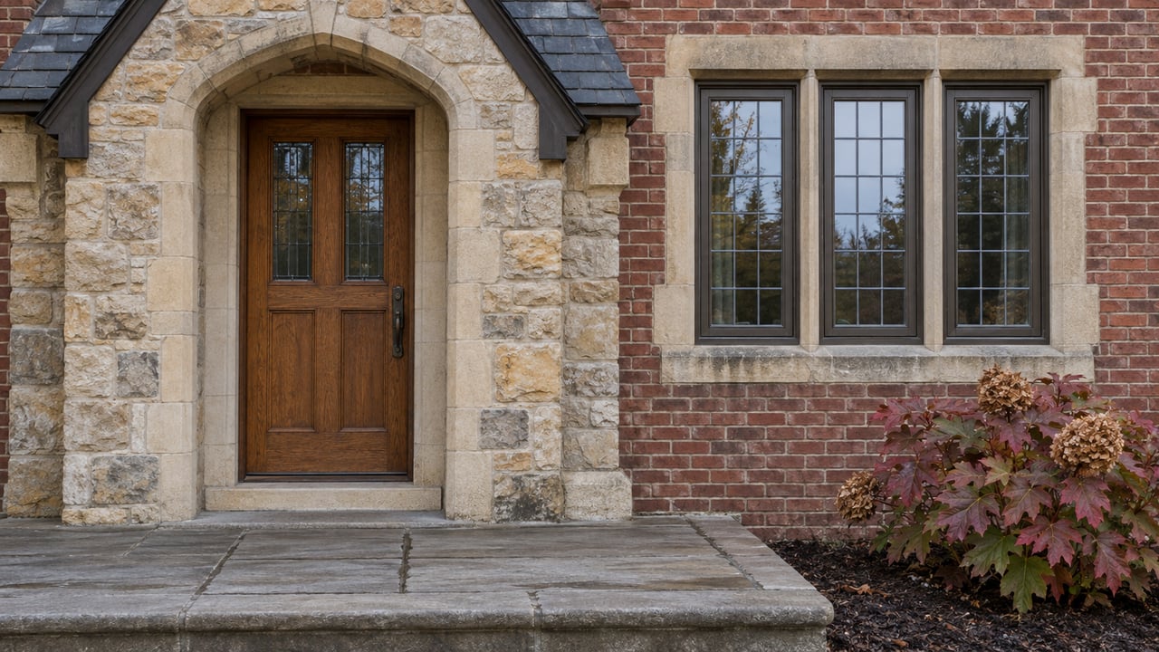 Weathered limestone entry and oak door beside a leaded casement window in a red brick home, with autumn oakleaf hydrangea.