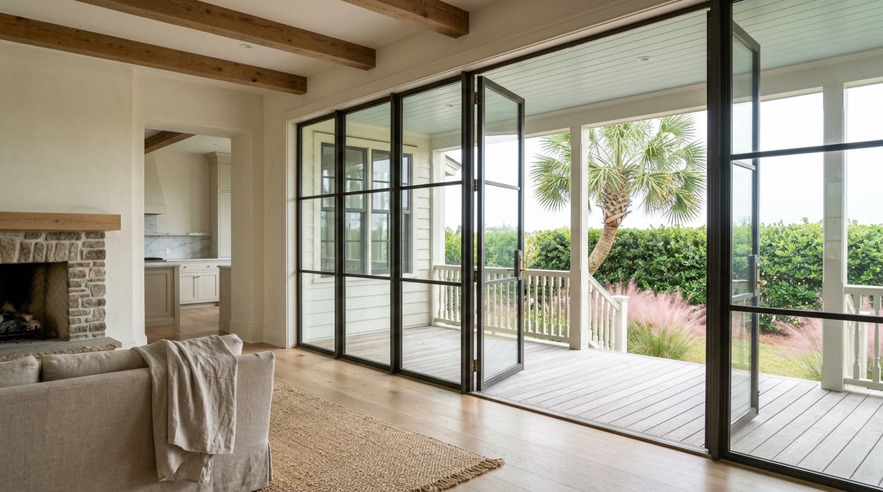 Coastal great room with oak beams, fieldstone fireplace, and open glass doors framing a porch and palm.